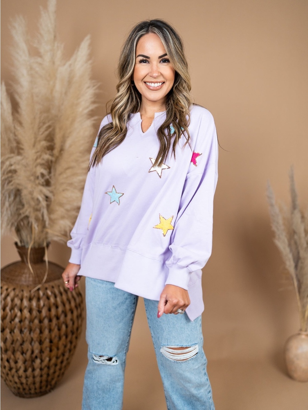 Fantastic Fawn Lavender V-Neck Sweatshirt with Multicolor Star Patches